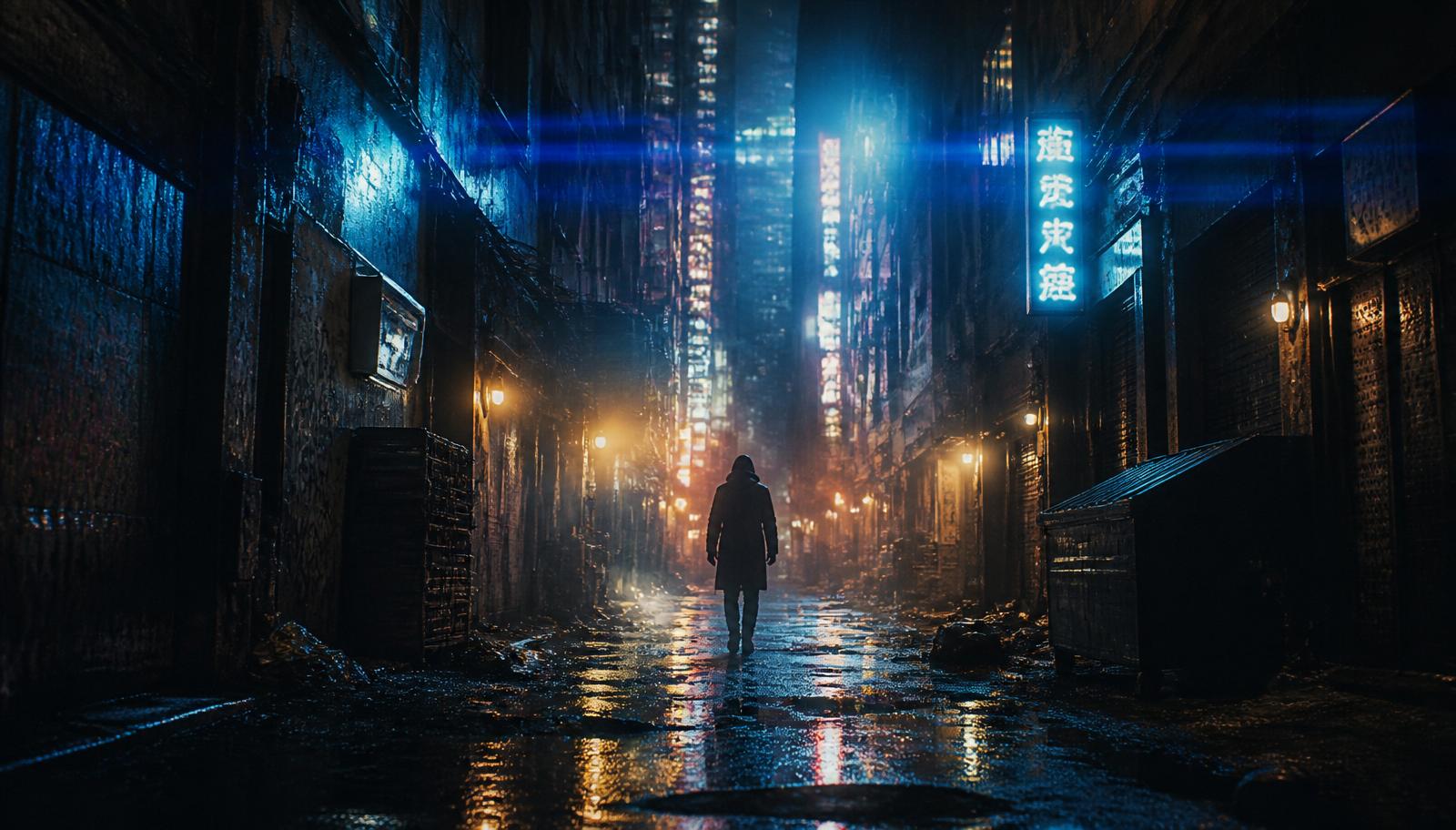 Cinematic hero frame — lone figure in a neon-noir alley